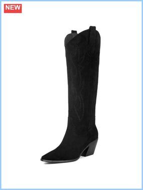 Cowgirl Boots Women Knee High Pointed Toe Block Heel Faux Suede Embroidered
